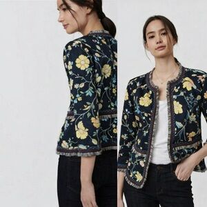 LOFT Outlet 3/4 Sleeve Cotton Cropped Floral Blazer Jacket Fringe Trim Size 10